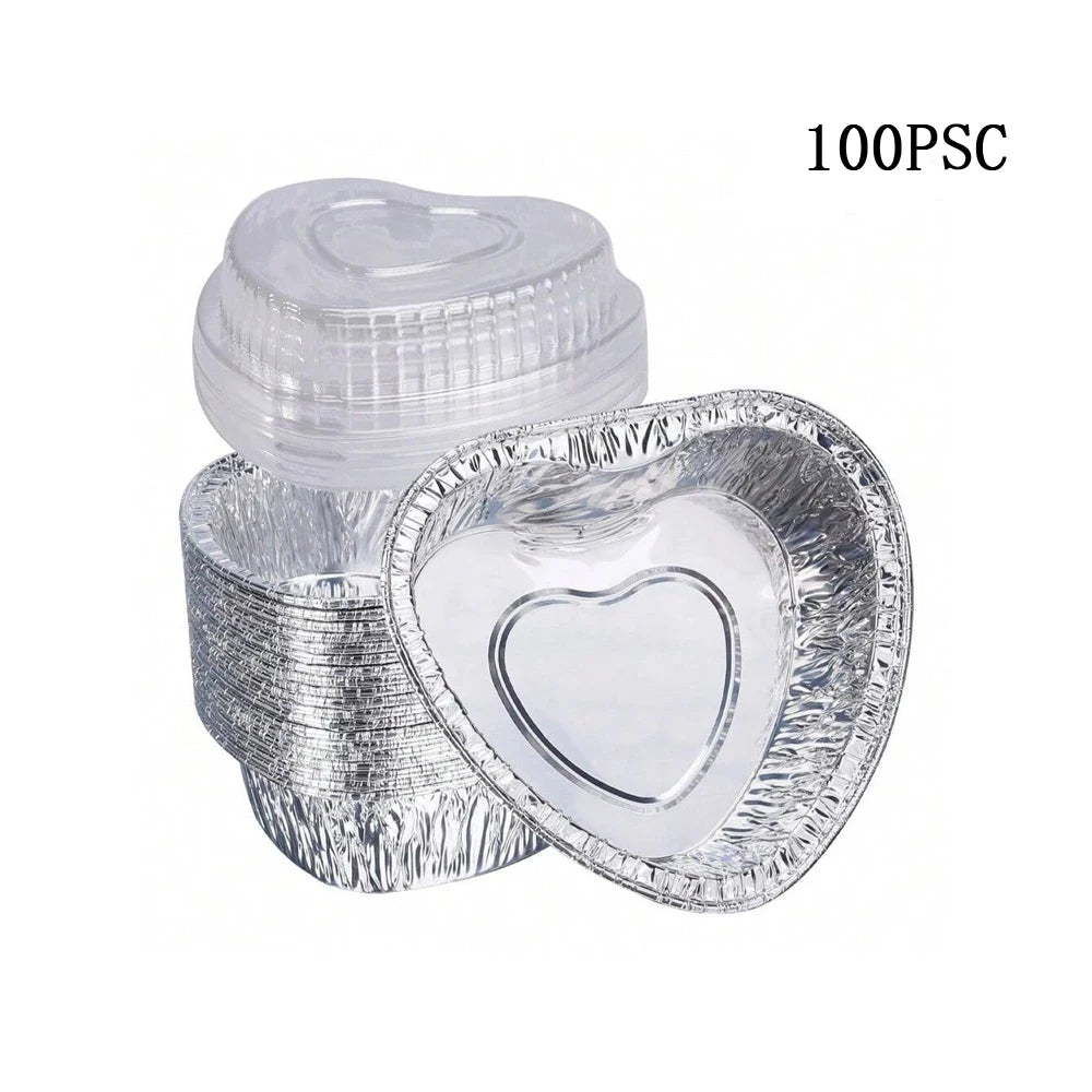 Moule gâteau forme cœur avec couvercle – Lot de 100 aluminium jetables