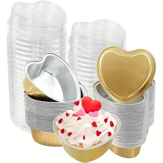 Moule en forme de cœur jetable avec couvercle – Aluminium doré